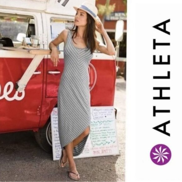 Athleta Dresses & Skirts - Athleta | Gray and White Cross Shore Maxi Dress Striped | Size Small